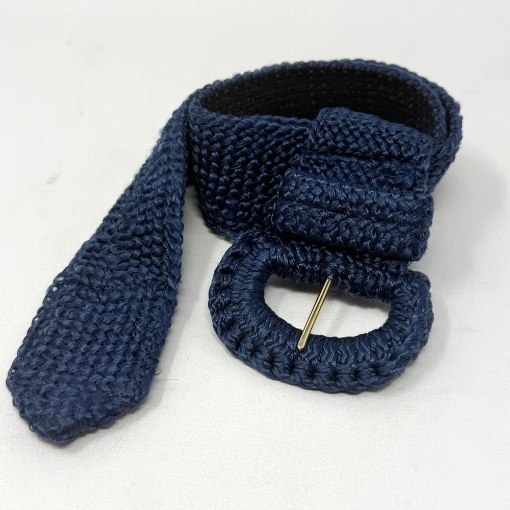 Womens Vintage Woven Belt Set 2 Navy‎ Blue Crochet & Green Braided Tapestry M/L